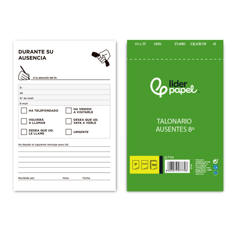 Talonario liderpapel ausentes octavo original 103