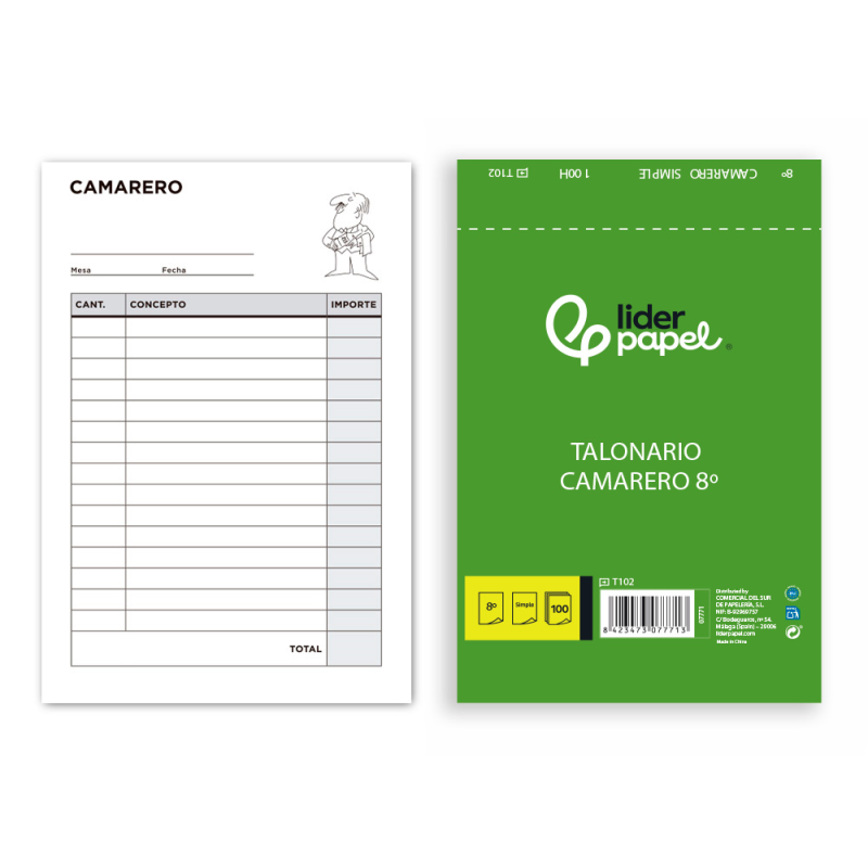 Talonario liderpapel camarero octavo sin iva 102
