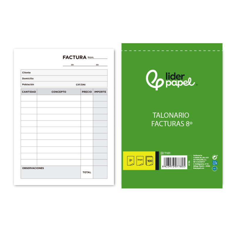 Talonario liderpapel facturas octavo -sin iva- 101