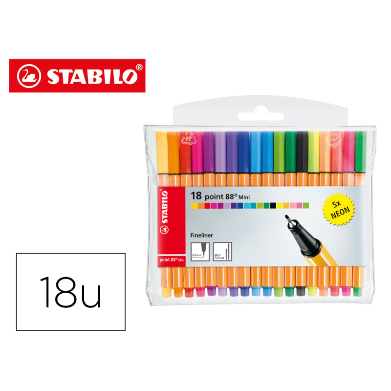 Rotulador stabilo punta de fibra point 88 mini estuche de 18 unidades colores surtidos