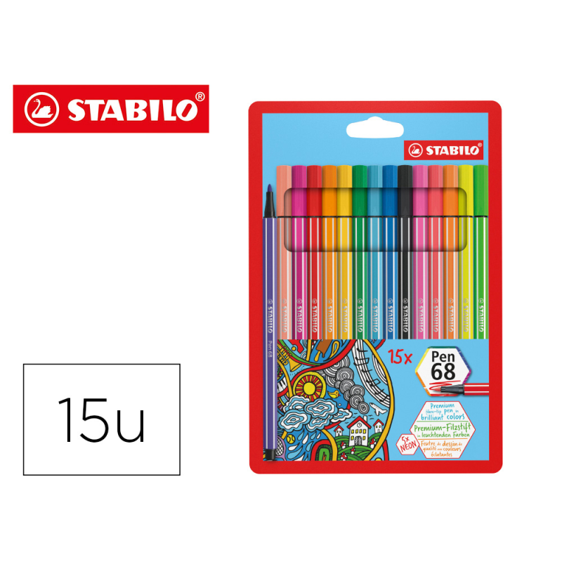 Rotulador stabilo acuarelable pen 68 estuche de 10 colores estandar + 5 colores neon