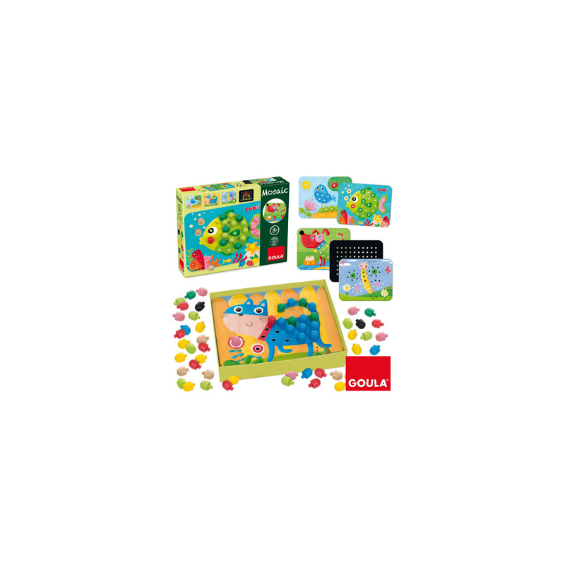 Juego goula didactico mosaico con pivotes de colores y laminas de animales +3 años