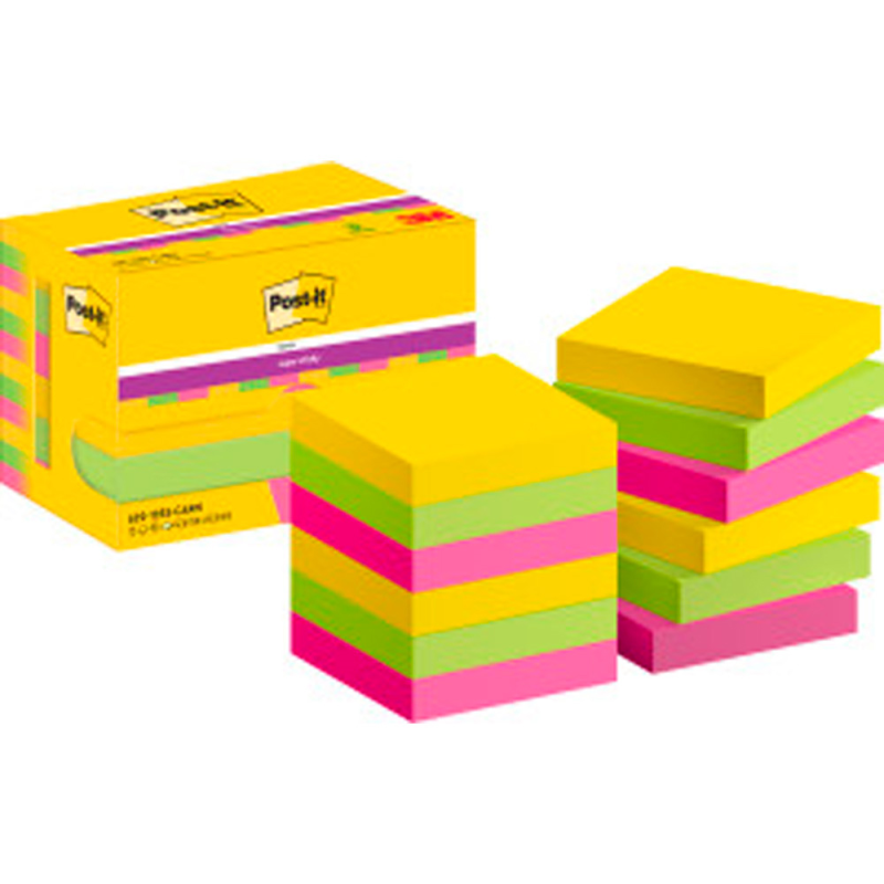 Bloc de notas adhesivas quita y pon post-it super sticky 47,6x47,6 mm con 90 hojas pack de 12 bloc colores