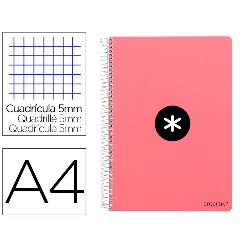 Cuaderno espiral antartik a4 micro tapa dura 80 h 100 gr cuadro 5mm sin bandas 4 taladros color coral