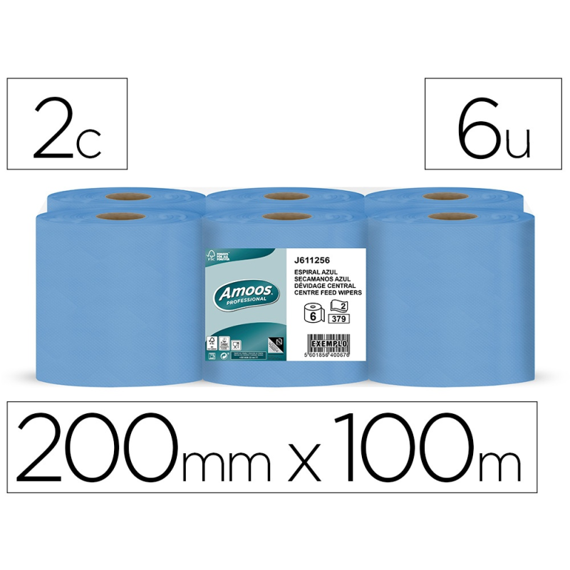 Papel secamanos amoos 2 capas professional 192 mm x 125 mt color azul paquete de 6 rollos
