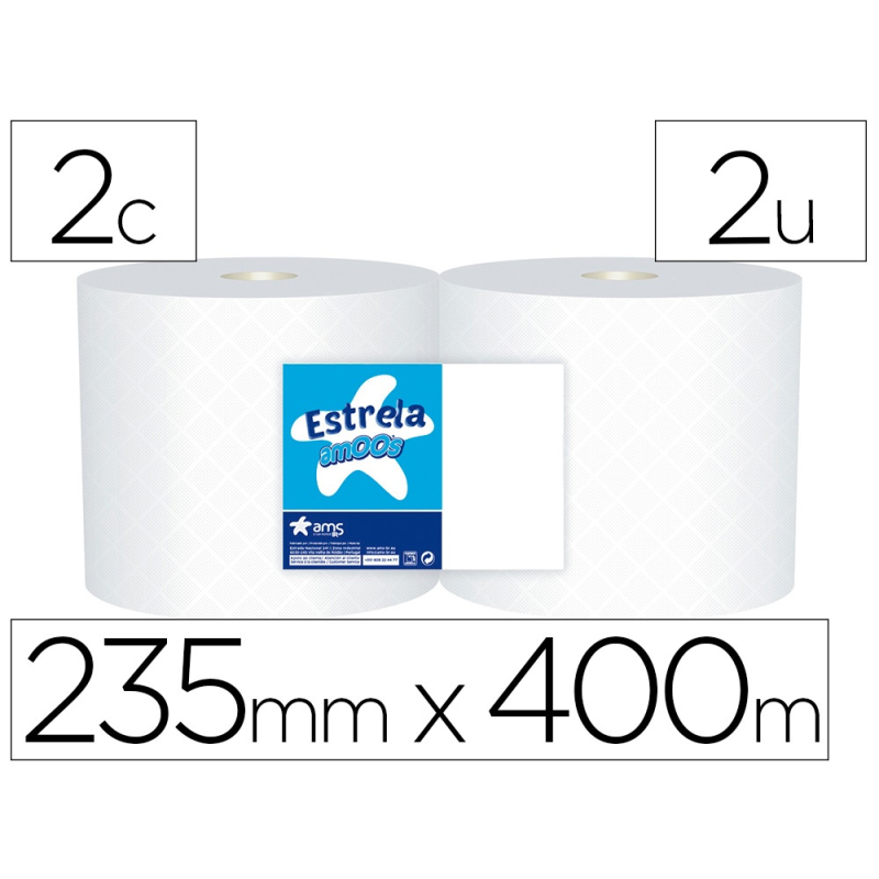 Papel secamanos industrial amoos 2 capas 222 mm x 400 mt paquete de 2 rollos