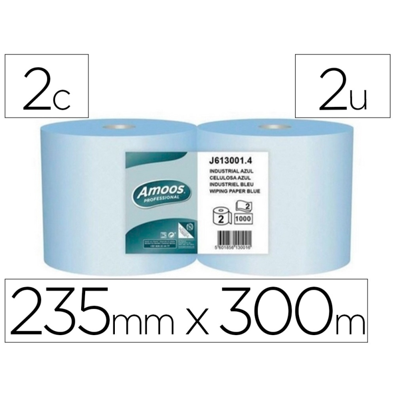 Papel secamanos industrial amoos 2 capas 222 mm x 300 mt color azul paquete de 2 rollos