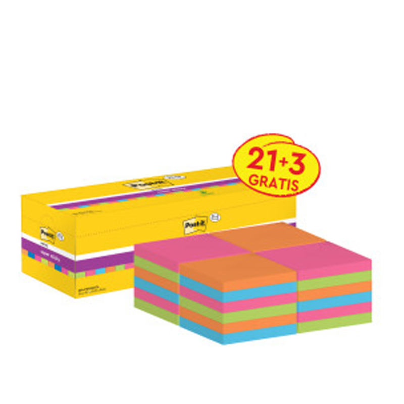 Bloc de notas adhesivas quita y pon post-it super sticky 76x76 mm 90 hojas colores surtidos pack de 21 + 3