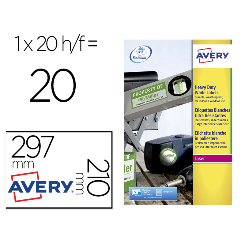 Etiqueta adhesiva avery poliester blanca 210x297 mm resistente laser pack de 20 unidades