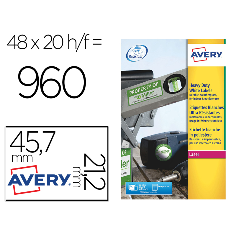 Etiqueta adhesiva resistente avery poliester plata 1,2 mm 45,7x21,2 mm laser pack de 960unidades