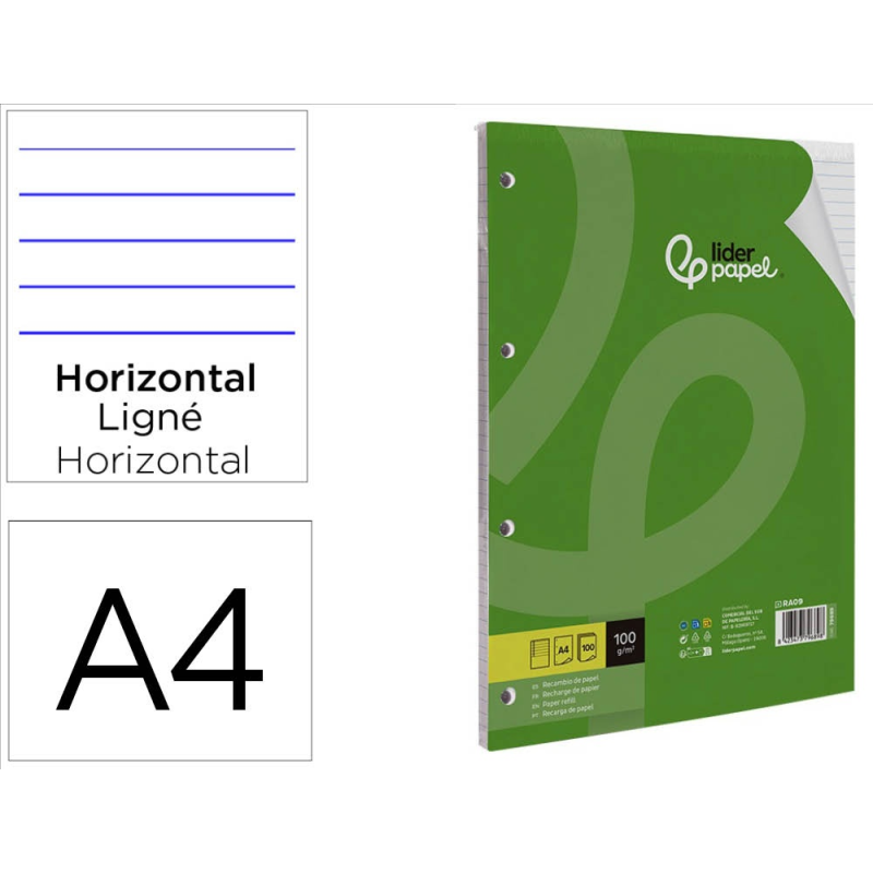 Recambio liderpapel a4 100 hojas 100gr rayado horizontal con margen 4 taladros