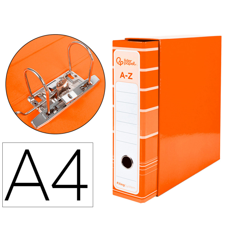 Archivador de palanca liderpap el a4 filing system forrado sin rado lomo 80mm naranja con caja y compresor metalico