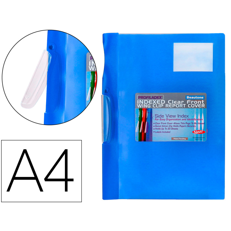 Carpeta beautone dossier pinza lateral 48382 polipropildin-a4 azul pinza giratoria -pack de 10 retractilado