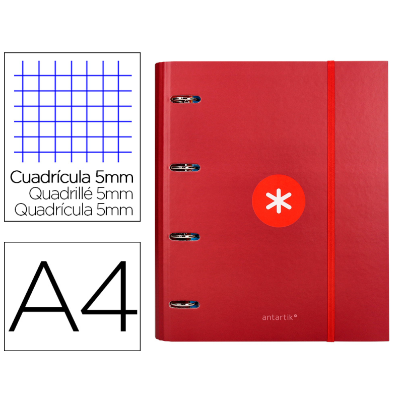 Carpeta con recambio antartik a4 cuadro 5mm forrada 4 anillas 40mm redondas con solapa color frambuesa