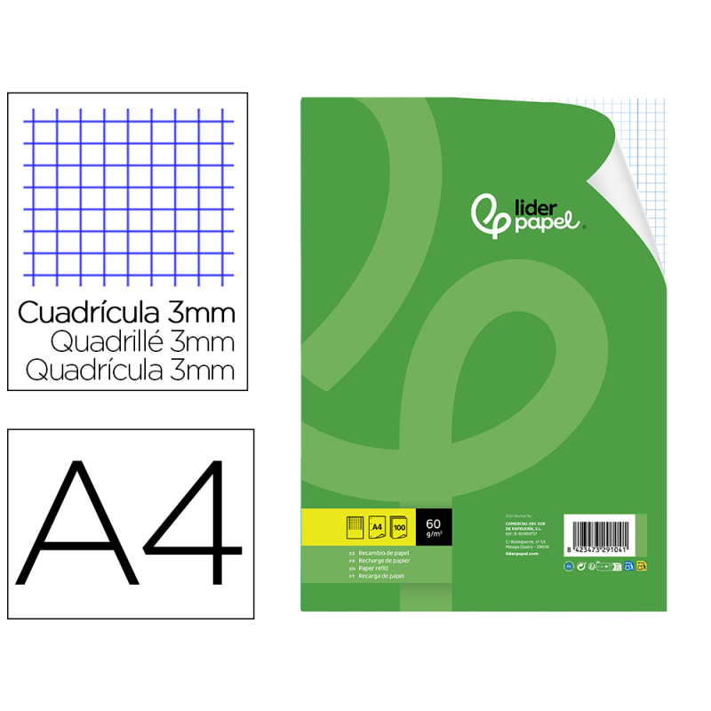 Recambio liderpapel a4 100 hojas 60gr cuadro 3 mm con margen 4 taladros