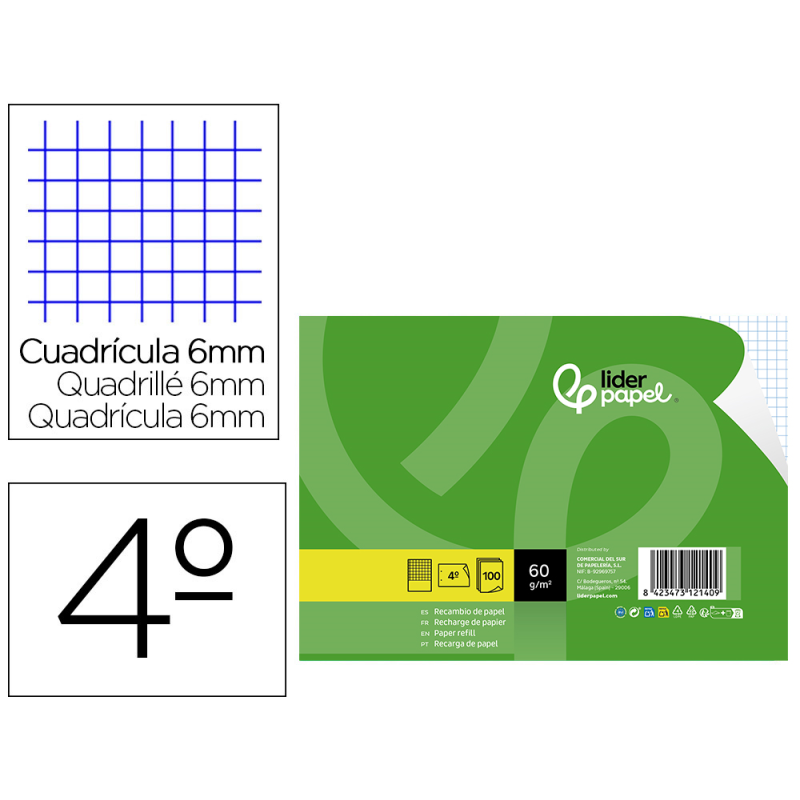 Recambio liderpapel cuarto apaisado 100 hojas 60 gr cuadro 6 mm 2 taladros con margen
