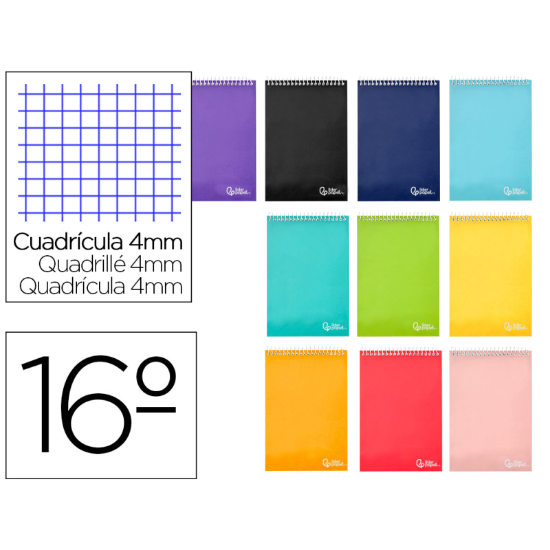 Cuaderno espiral liderpapel bolsillo dieciseiavo apaisado witty tapa dura dura 80h 60gr cuadro 4 mm colores surtidos