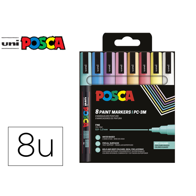 Rotulador uni posca pc-3m/8c marcador de pintura punta conica 0,9-1,3 mm estuche de 8unidades colores suaves