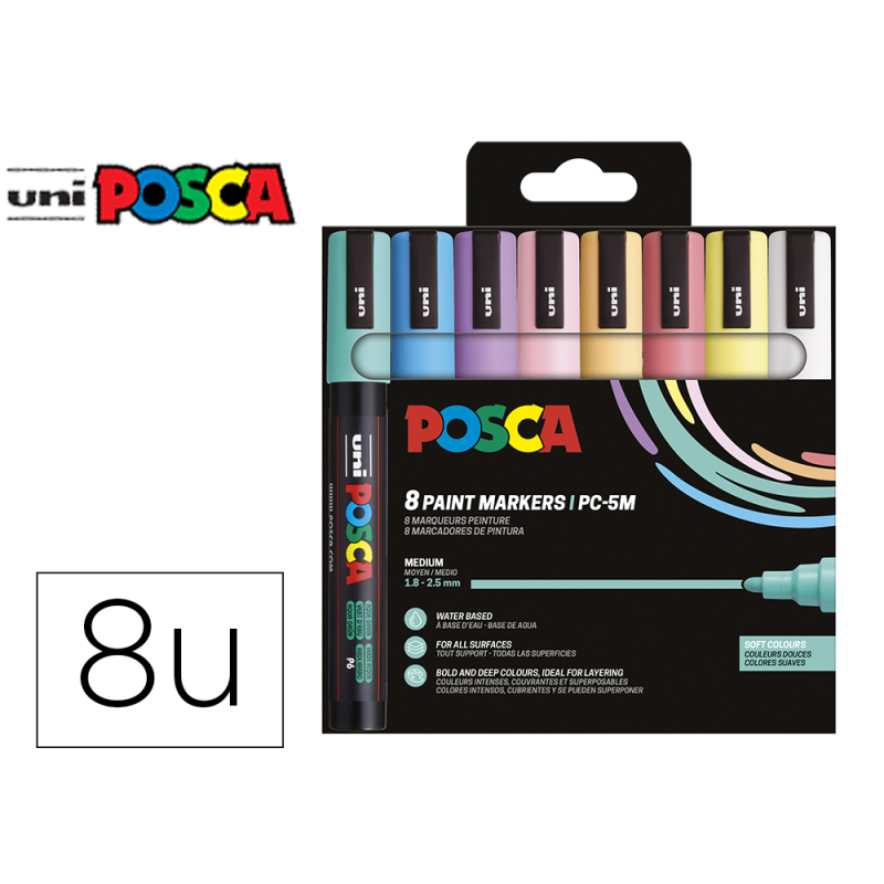 Rotulador uni posca pc-5m/8c marcador de pintura punta conica 1,8-2,5 mm estuche de 8 unidades colores suaves