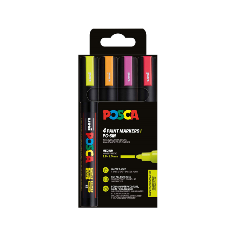 Rotulador uni posca pc-5m/4c marcador de pintura punta conica 1,8-2,5 mm bolsa de 4 unidades colores fluorescente