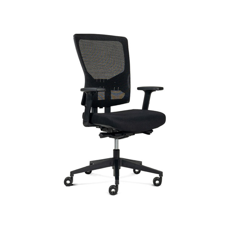 Silla de oficina rocada brazos regulables asiento tela ignifuga y respaldo malla color negro