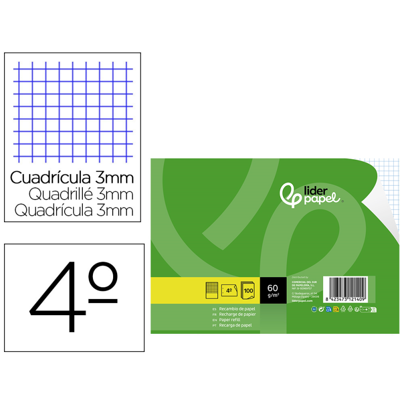 Recambio liderpapel cuarto apaisado 100 hojas 60gr cuadro 3 mm 2 taladros con margen