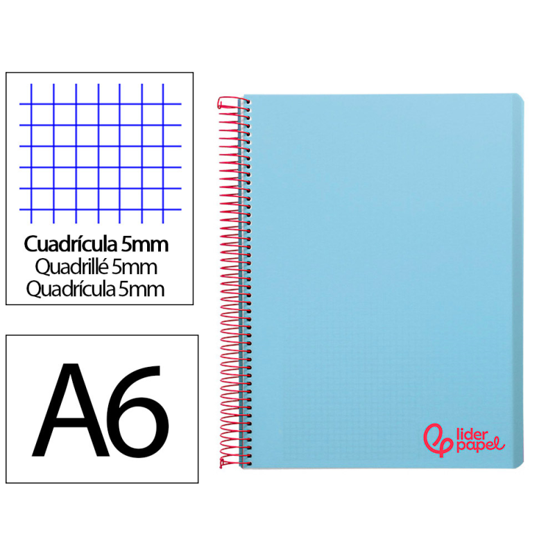 Cuaderno espiral liderpapel a6 micro wonder tapa plastico 120h 90 gr cuadro 5mm 4 bandas color celeste