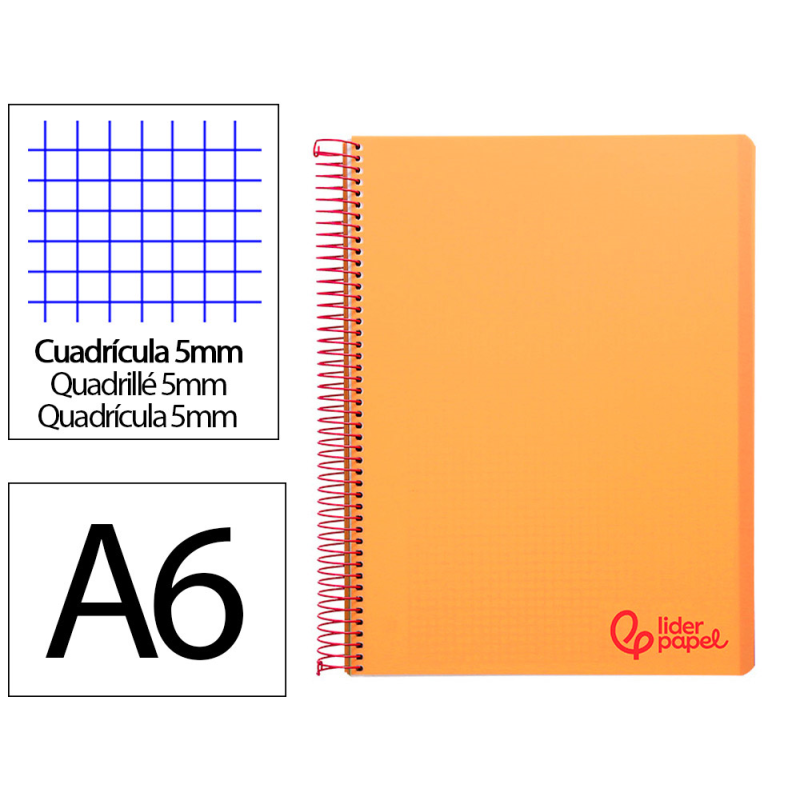 Cuaderno espiral liderpapel a6 micro wonder tapa plastico 120h 90 gr cuadro 5mm 4 bandas color naranja