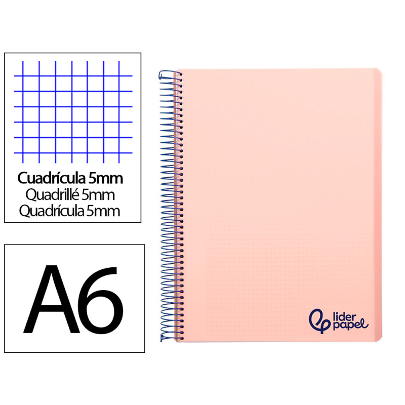 Cuaderno espiral liderpapel a6 micro wonder tapa plastico 120h 90 gr cuadro 5mm 4 bandas color rosa