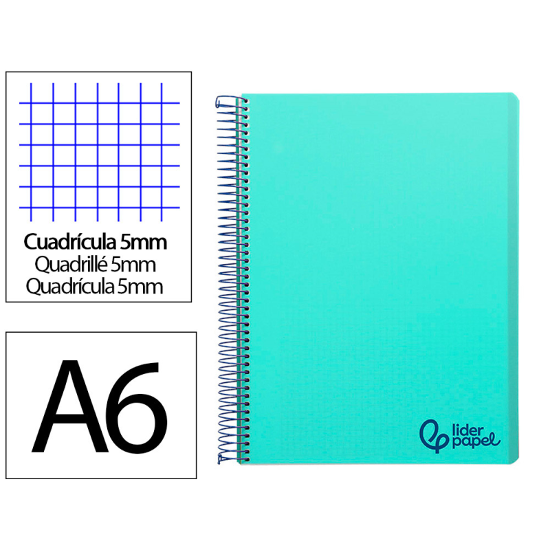 Cuaderno espiral liderpapel a6 micro wonder tapa plastico 120h 90 gr cuadro 5mm 4 bandascolor verde pastel turquesa