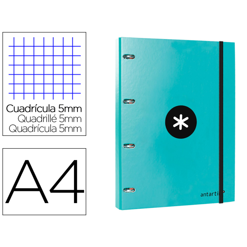 Carpeta con recambio antartik a4 cuadro 5mm forrada 4 anillas 25mm redondas color menta