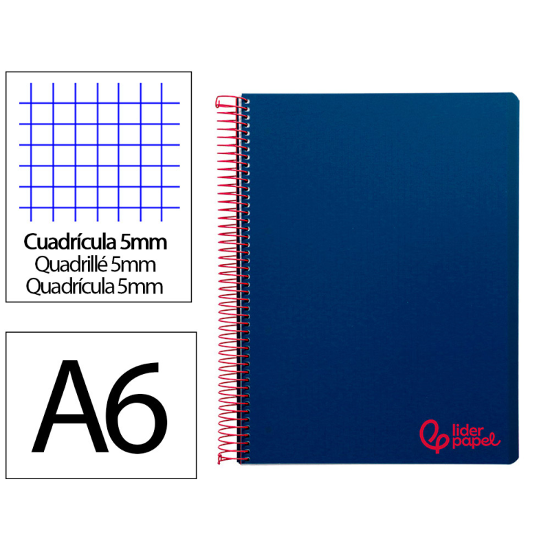 Cuaderno espiral liderpapel a6 micro wonder tapa plastico 120h 90 gr cuadro 5mm 4 bandas color azul marino