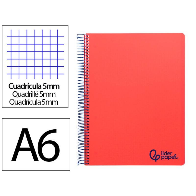 Cuaderno espiral liderpapel a6 micro wonder tapa plastico 120h 90 gr cuadro 5mm 4 bandas color rojo