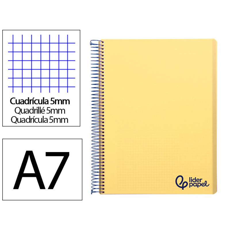 Cuaderno espiral liderpapel a7 micro wonder tapa plastico 100h 90gr cuadro 5mm 4 bandas color amarillo