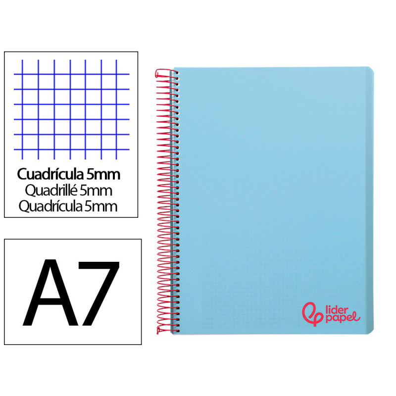 Cuaderno espiral liderpapel a7 micro wonder tapa plastico 100h 90gr cuadro 5mm 4 bandas color celeste