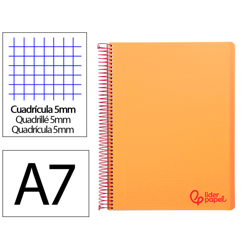 Cuaderno espiral liderpapel a7 micro wonder tapa plastico 100h 90gr cuadro 5mm 4 bandas color naranja