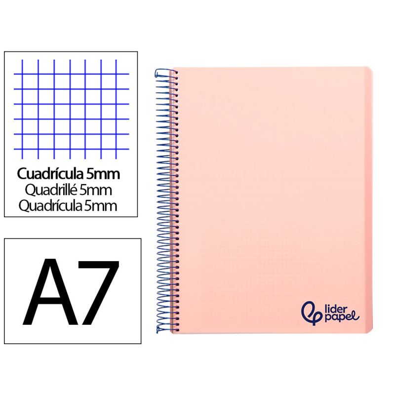 Cuaderno espiral liderpapel a7 micro wonder tapa plastico 100h 90gr cuadro 5mm 4 bandas color rosa