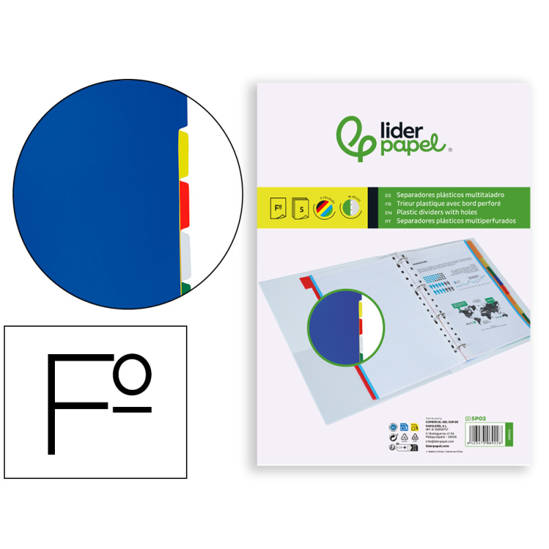 Separador liderpapel plastico juego de 5 separadores folio 16 taladros