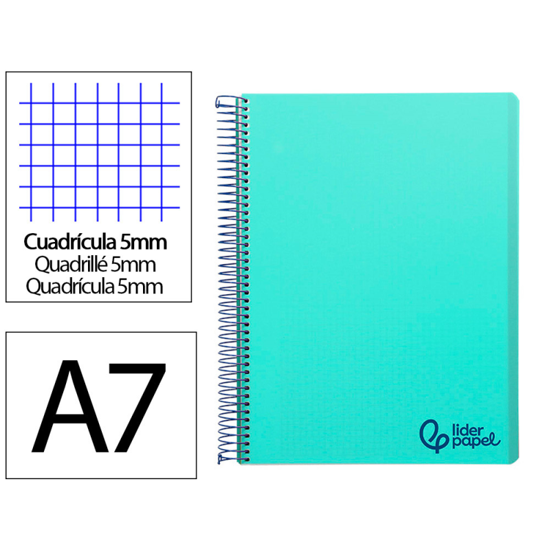 Cuaderno espiral liderpapel a7 micro wonder tapa plastico 100h 90gr cuadro 5mm 4 bandas color verde pastel turquesa
