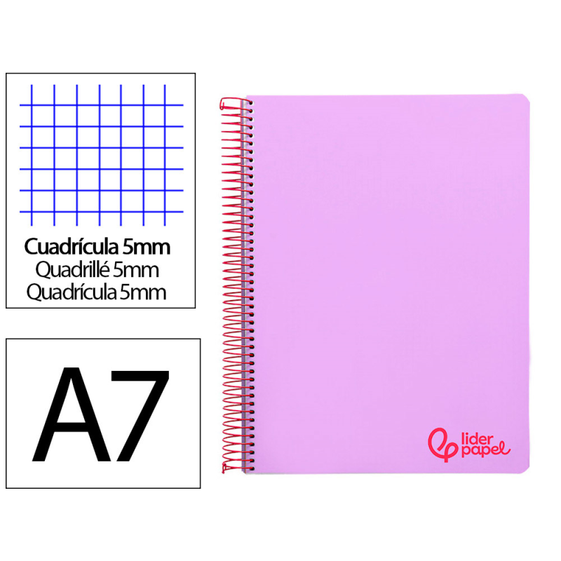 Cuaderno espiral liderpapel a7 micro wonder tapa plastico 100h 90gr cuadro 5mm 4 bandas color violeta