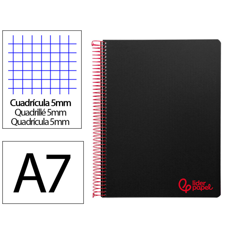 Cuaderno espiral liderpapel a7 micro wonder tapa plastico 100h 90gr cuadro 5mm 4 bandas color negro