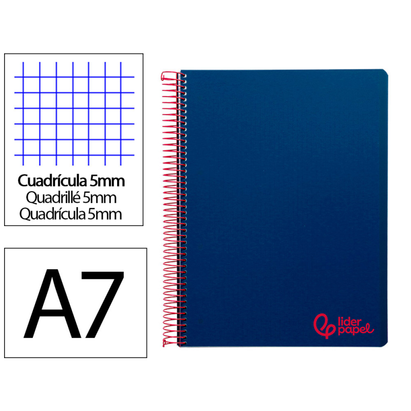 Cuaderno espiral liderpapel a7 micro wonder tapa plastico 100h 90gr cuadro 5mm 4 bandas color azul marino