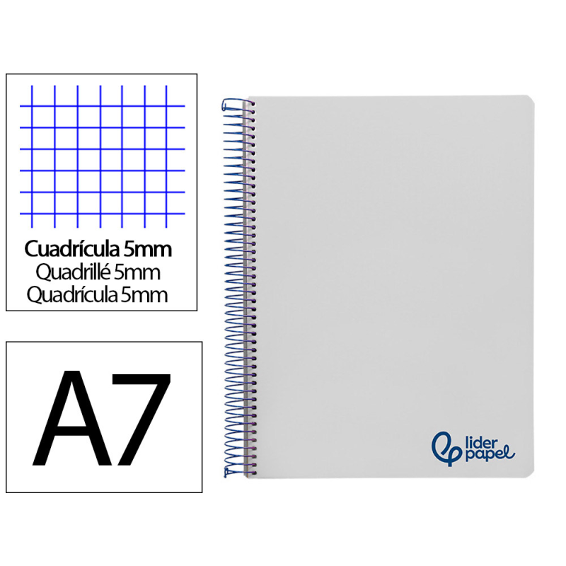 Cuaderno espiral liderpapel a7 micro wonder tapa plastico 100h 90gr cuadro 5mm 4 bandas color gris