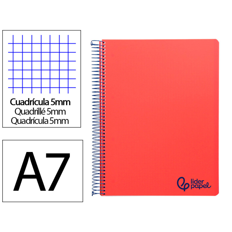 Cuaderno espiral liderpapel a7 micro wonder tapa plastico 100h 90gr cuadro 5mm 4 bandas color rojo