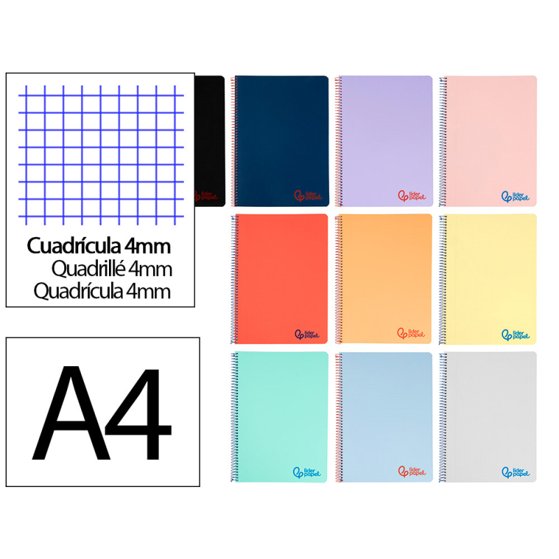 Cuaderno espiral liderpapel a4 wonder tapa plastico 80h 90gr cuadro 4mm con margen colores surtidos