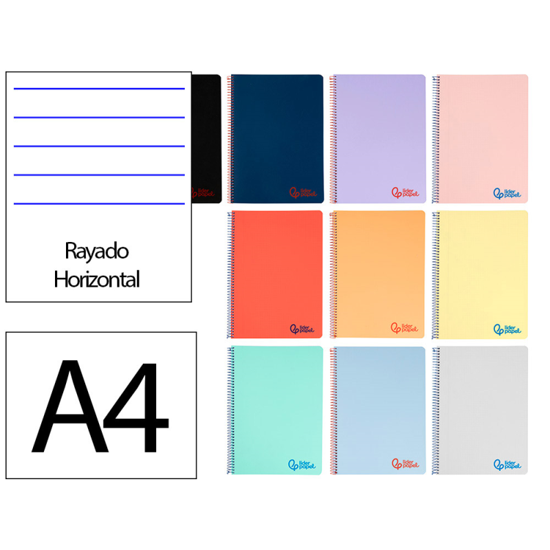 Cuaderno espiral liderpapel a4 wonder tapa plastico 80h 90gr rayado horizontal con margen colores surtidos