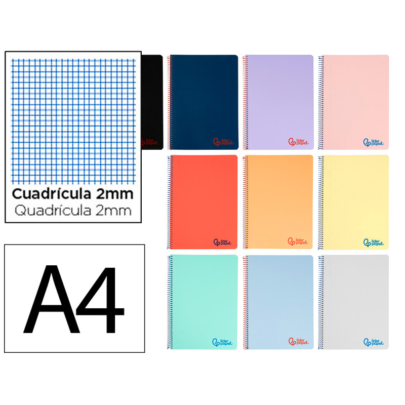 Cuaderno espiral liderpapel a4 wonder tapa plastico 80h 90gr milimetrado 2mm con margen colores surtidos