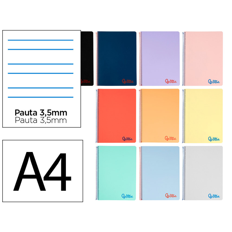 Cuaderno espiral liderpapel a4 wonder tapa plastico 80h 90gr pauta ancha 3,5mm con margen colores surtidos