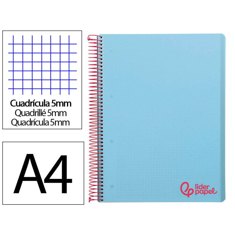 Cuaderno espiral liderpapel a4 micro wonder tapa plastico 120h 90gr cuadro 5mm 5 banda 4 taladros color celeste