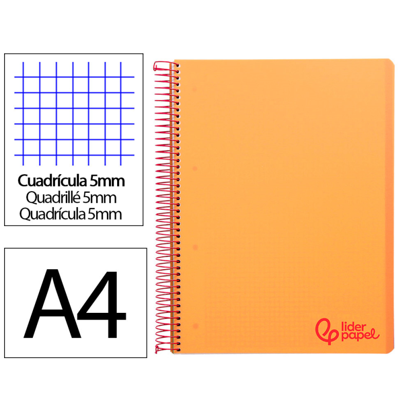 Cuaderno espiral liderpapel a4 micro wonder tapa plastico 120h 90gr cuadro 5mm 5 banda 4 taladros color naranja